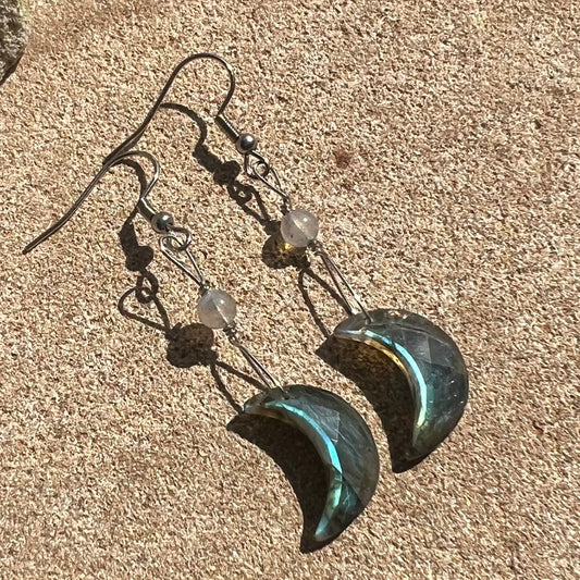 Flashy Labradorite Crescent Moon Crystal Earrings