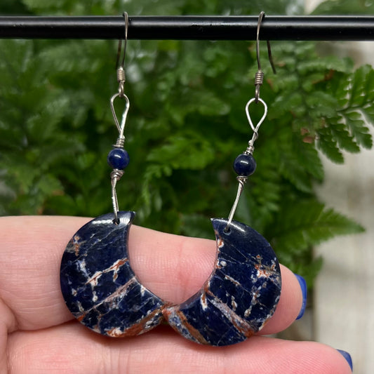Sodalite Crescent Moons with Lapis Lazuli Crystal Earrings