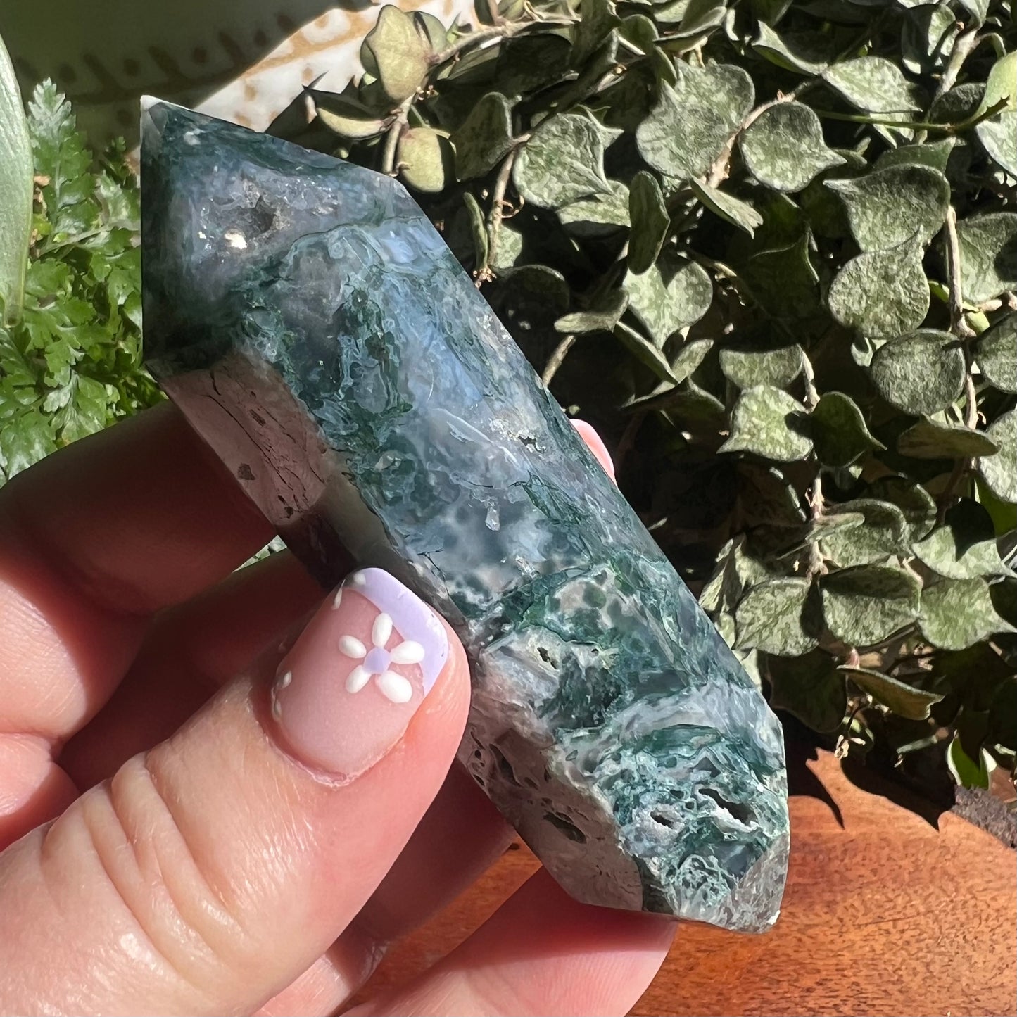 Moss Agate Double Terminated Wand with druzy