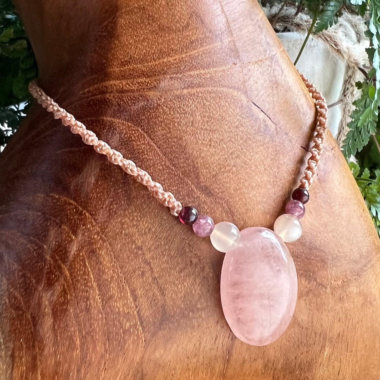 Morganite, Sunstone, Lepidote & Garnet Petite macrame Crystal Necklace