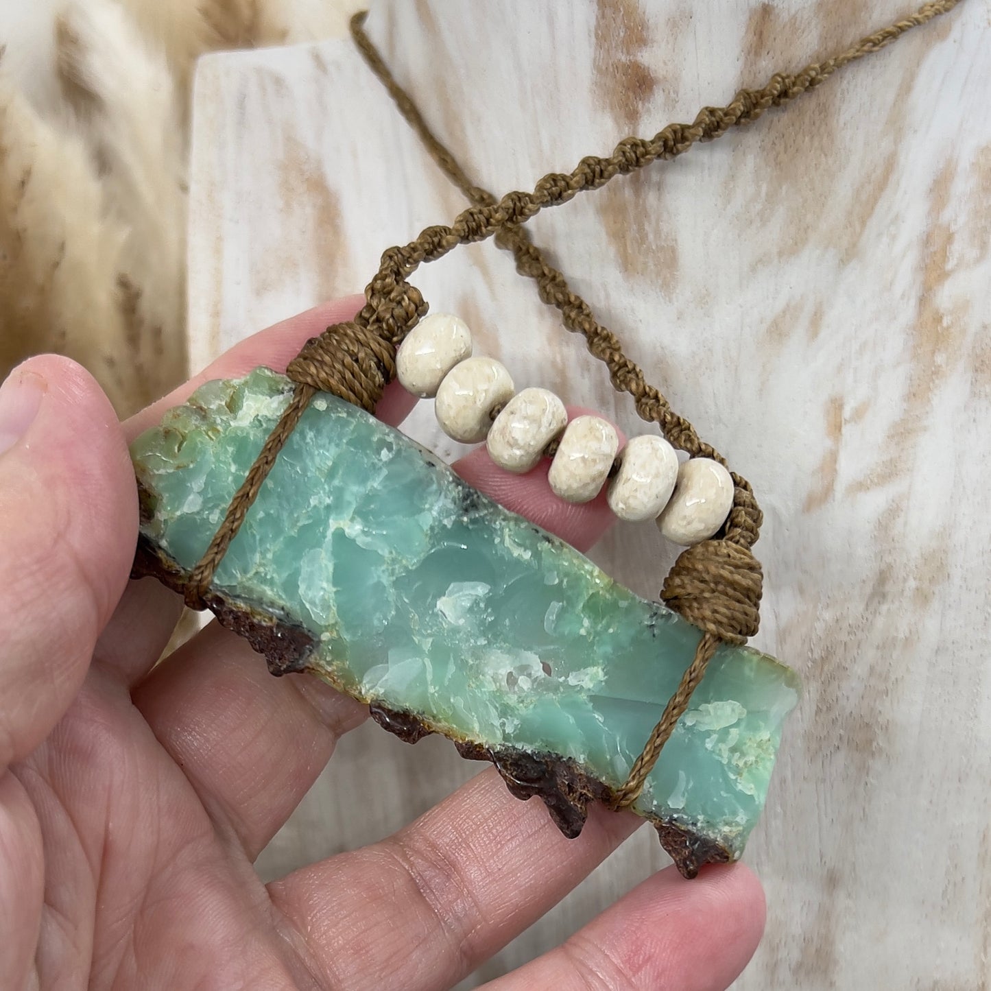 Chrysoprase and Fossilized Bone Taslisman Necklace