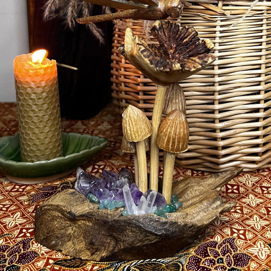 Bespoke Crystal & Wooden Burl Mushroom & Dragonfly Display - Amethyst | Quartz | Dyed Agate