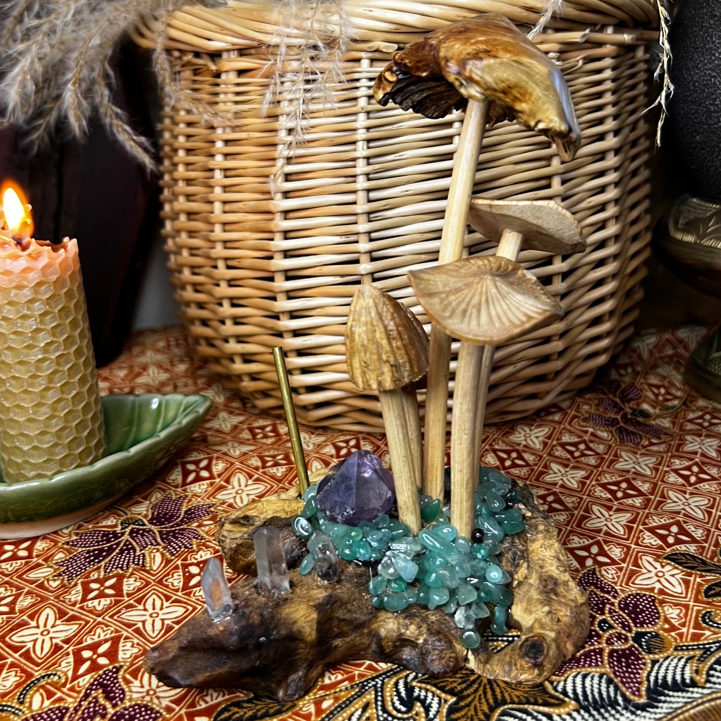 Bespoke Crystal & Wooden Burl Mushroom Incense Stick Holder - Amethyst | Quartz | Dyed Agate