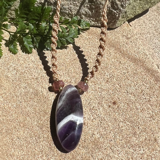 Amethyst with Strawberry Quartz Macrame Crystal Necklace