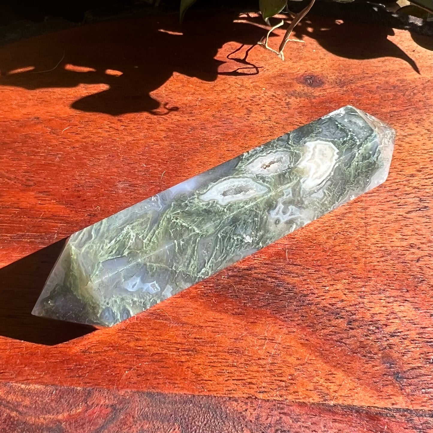 Moss Agate Double Terminated Wand with Druzy