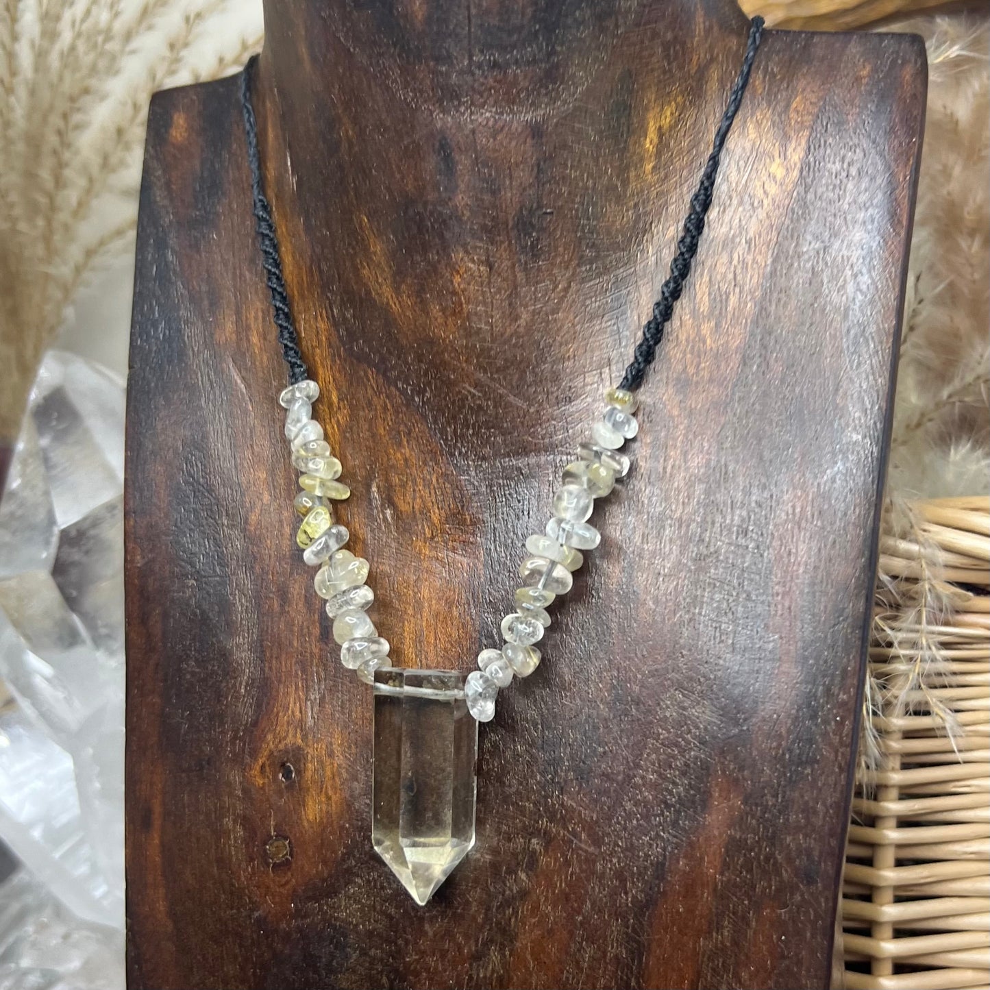 Brazilian Citrine with Rultilated Quartz Crystal Macrame Necklace/Talisman