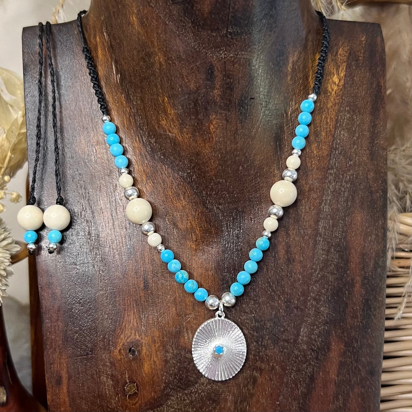 Blue Howlite & Riverstone with Silver Boho accents Crystal Necklace
