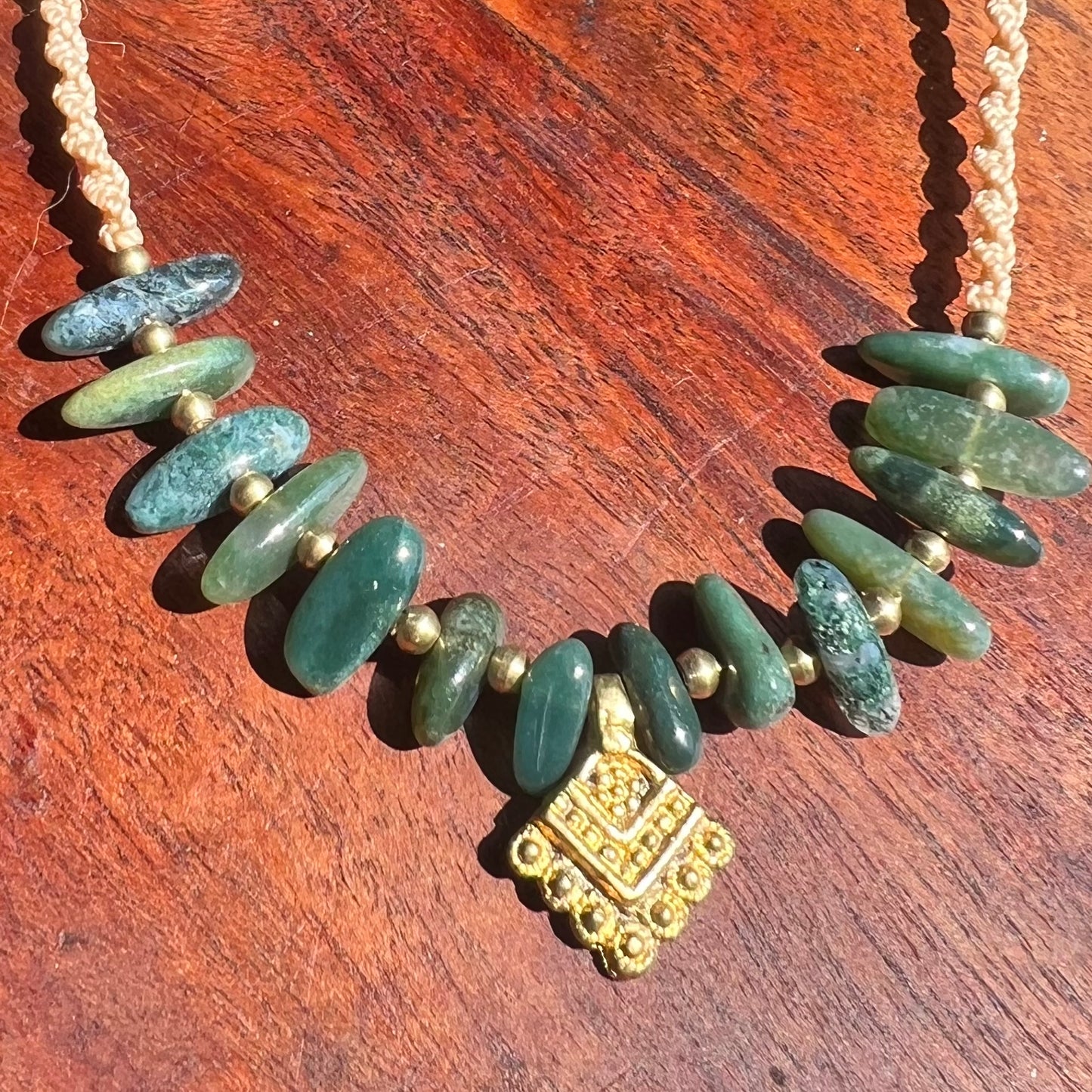 Moss Agate & Brass Boho Crystal Macrame Necklace