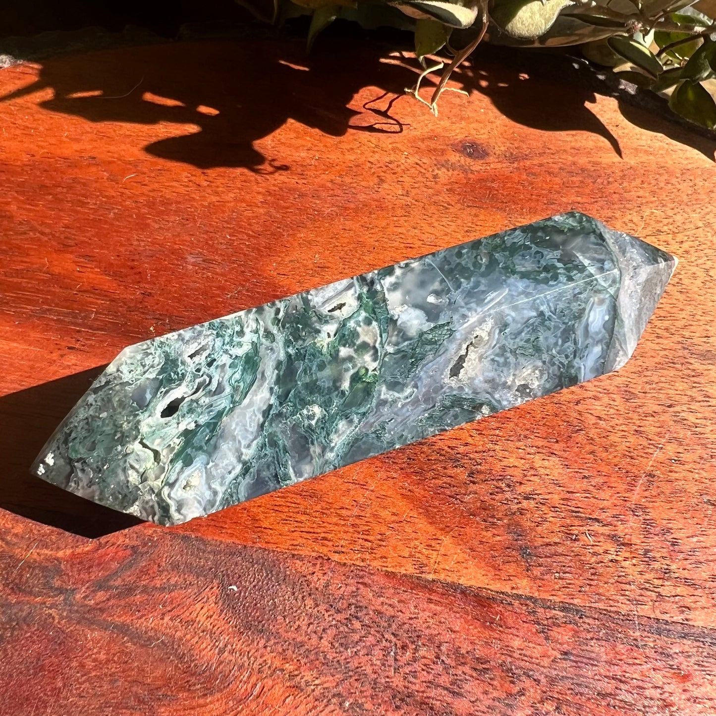 Moss Agate Double Terminated Wand with druzy