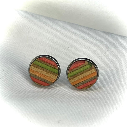 Upcycled Skateboard Timber Stud Earrings | Red•Green•Orange•Grey•Wood | by Addy’s Earrings