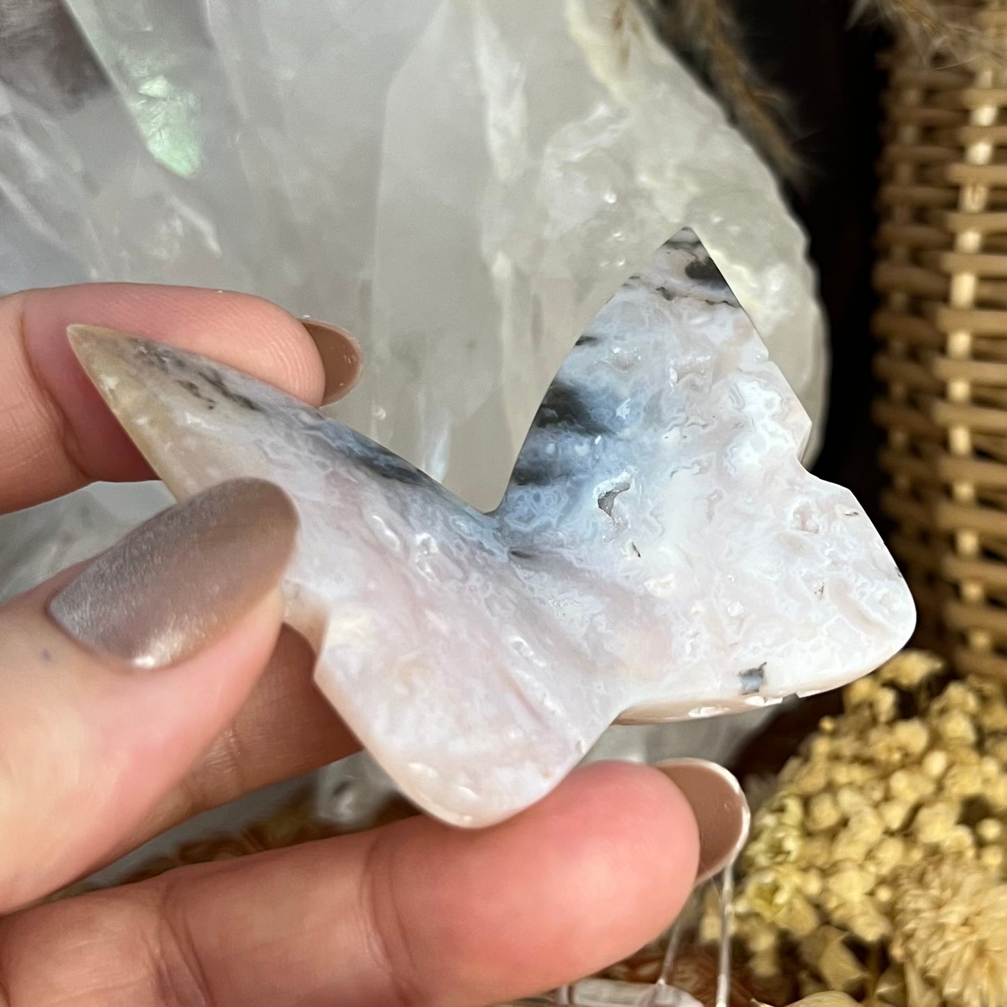 Plume Agate Druzy 3D Butterfly Carving