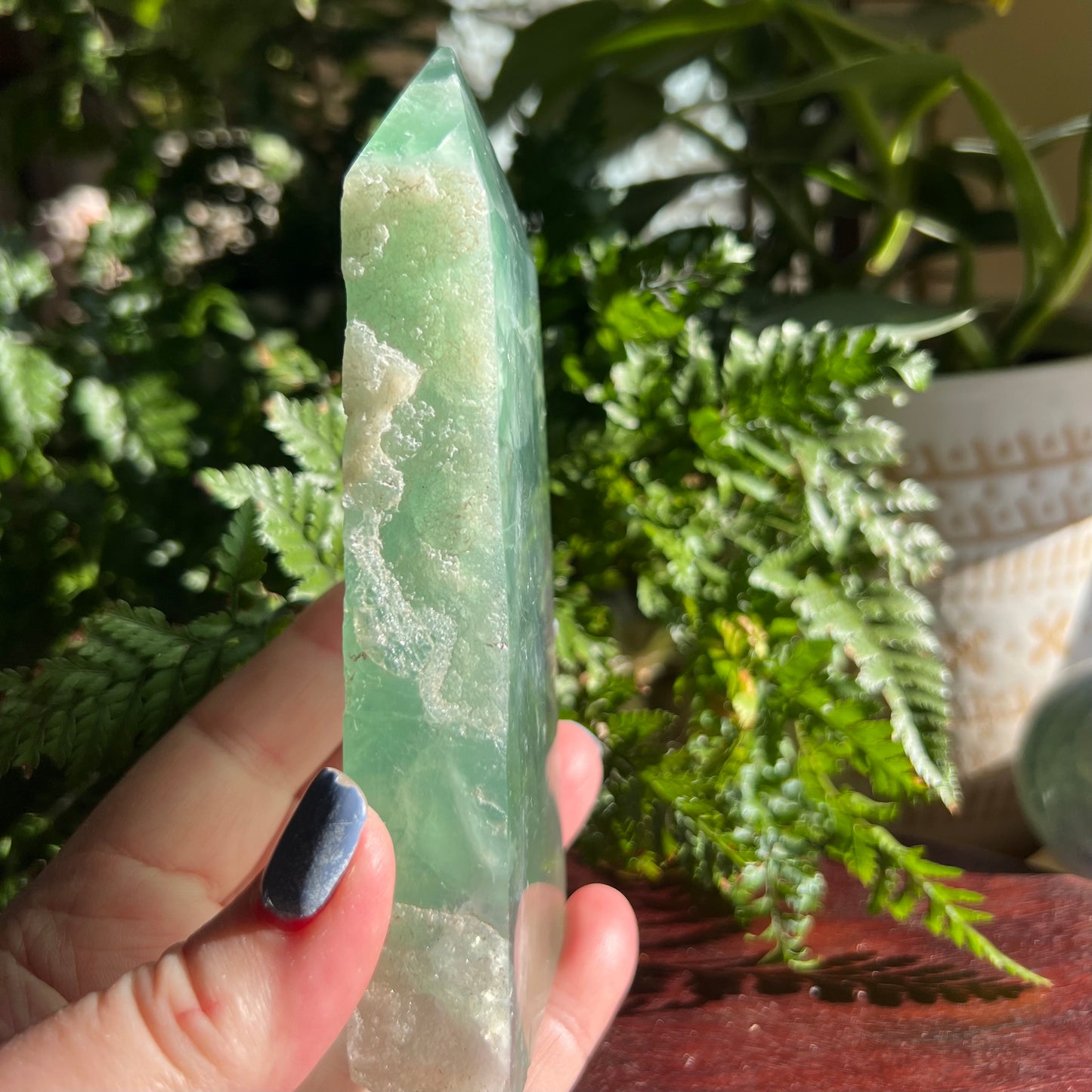 Green Fluorite Tower with raw crust