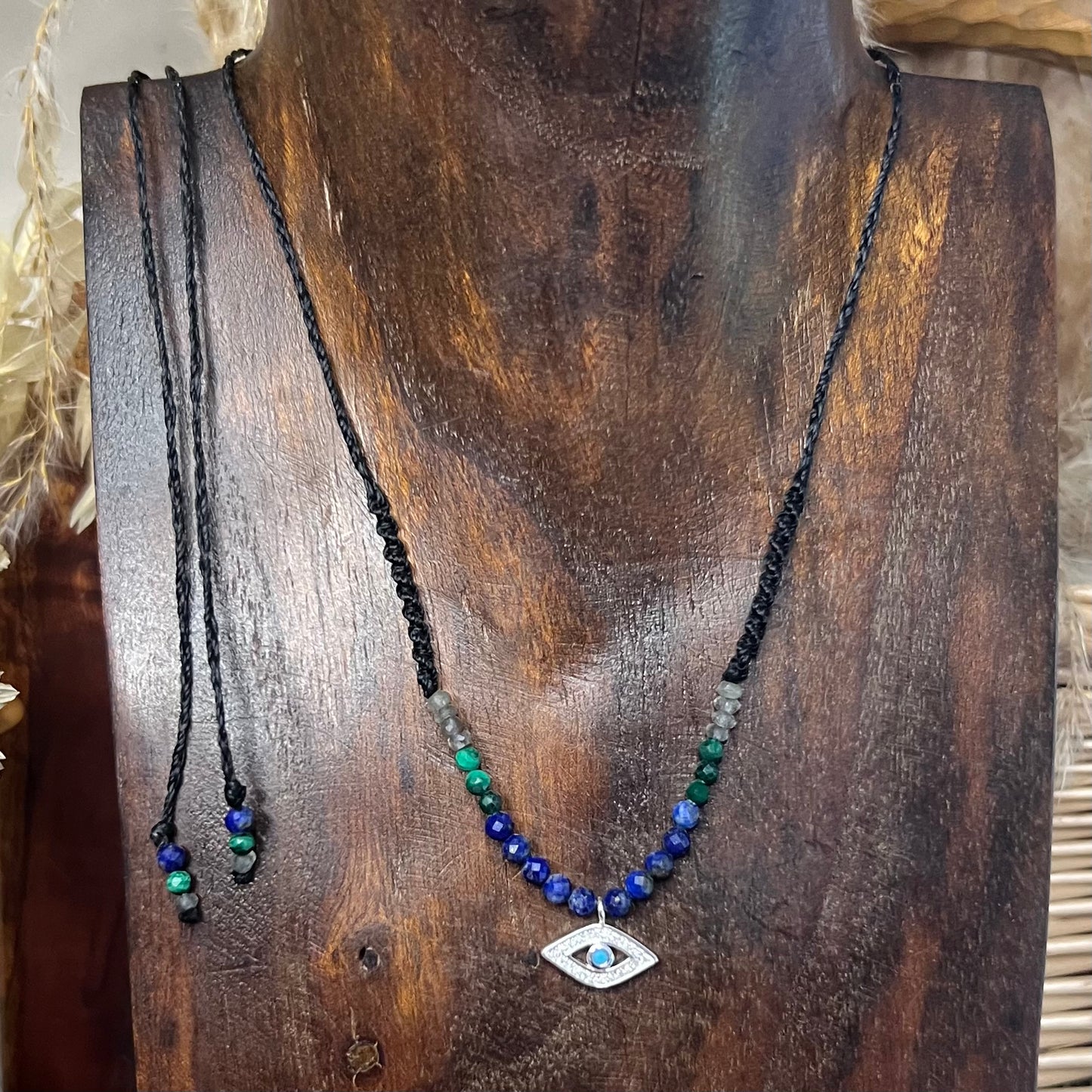 Silver CZ Evil Eye Talisman with Lapis, Malachite, Labradorite Crystal Necklace
