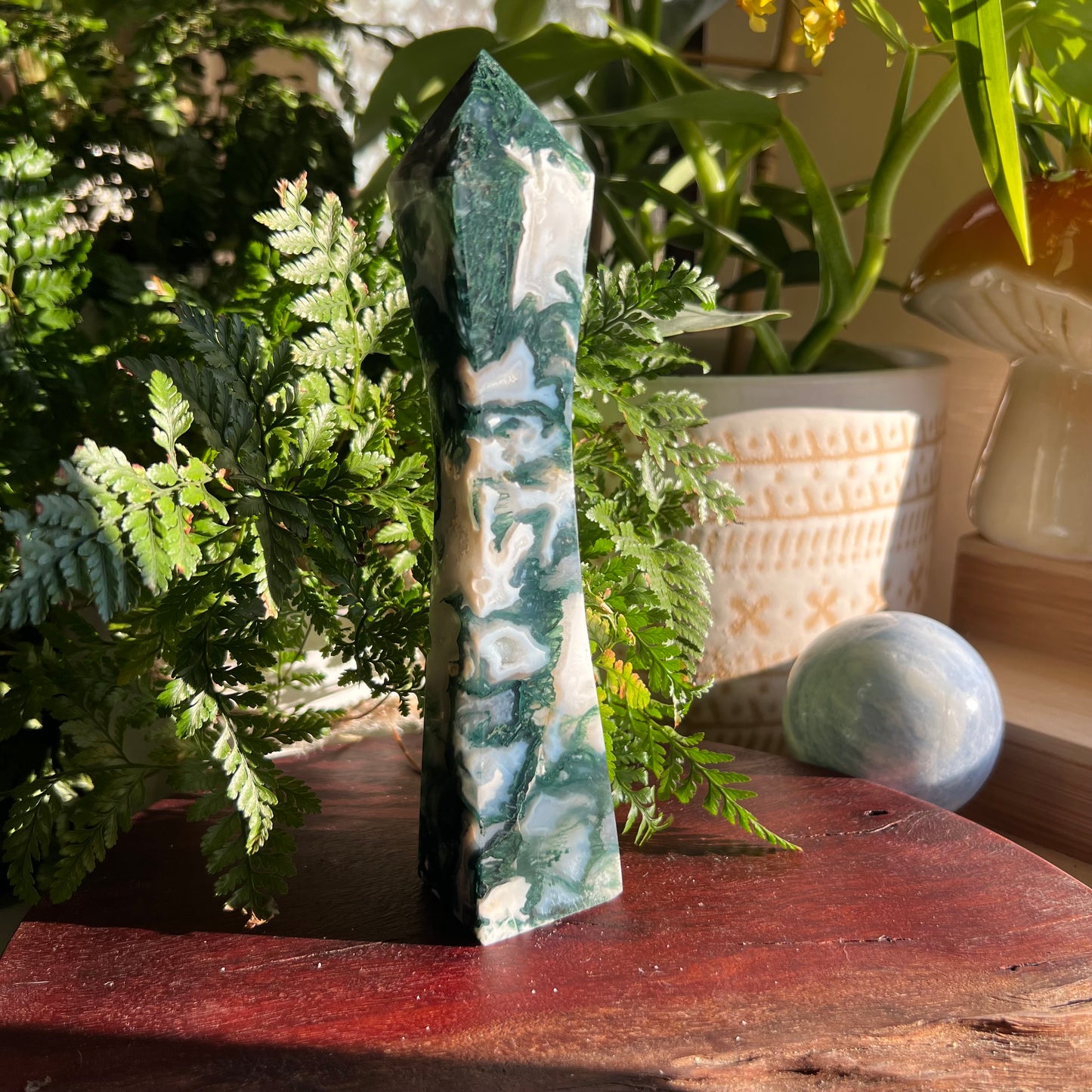 Moss Agate Canton Tower with sparkly druzy pockets