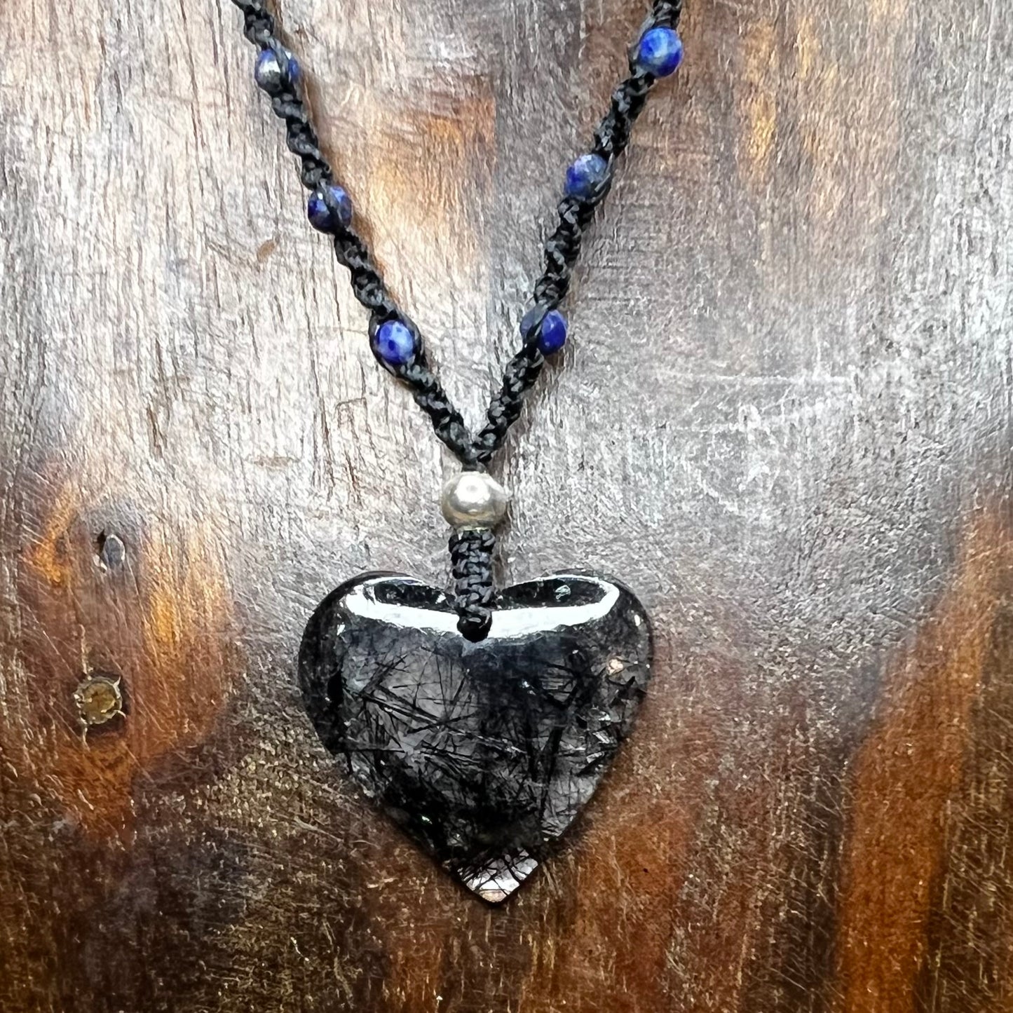 Tourmaline included Quartz Heart with Lapis Lazuli Crystal Macrame Necklace