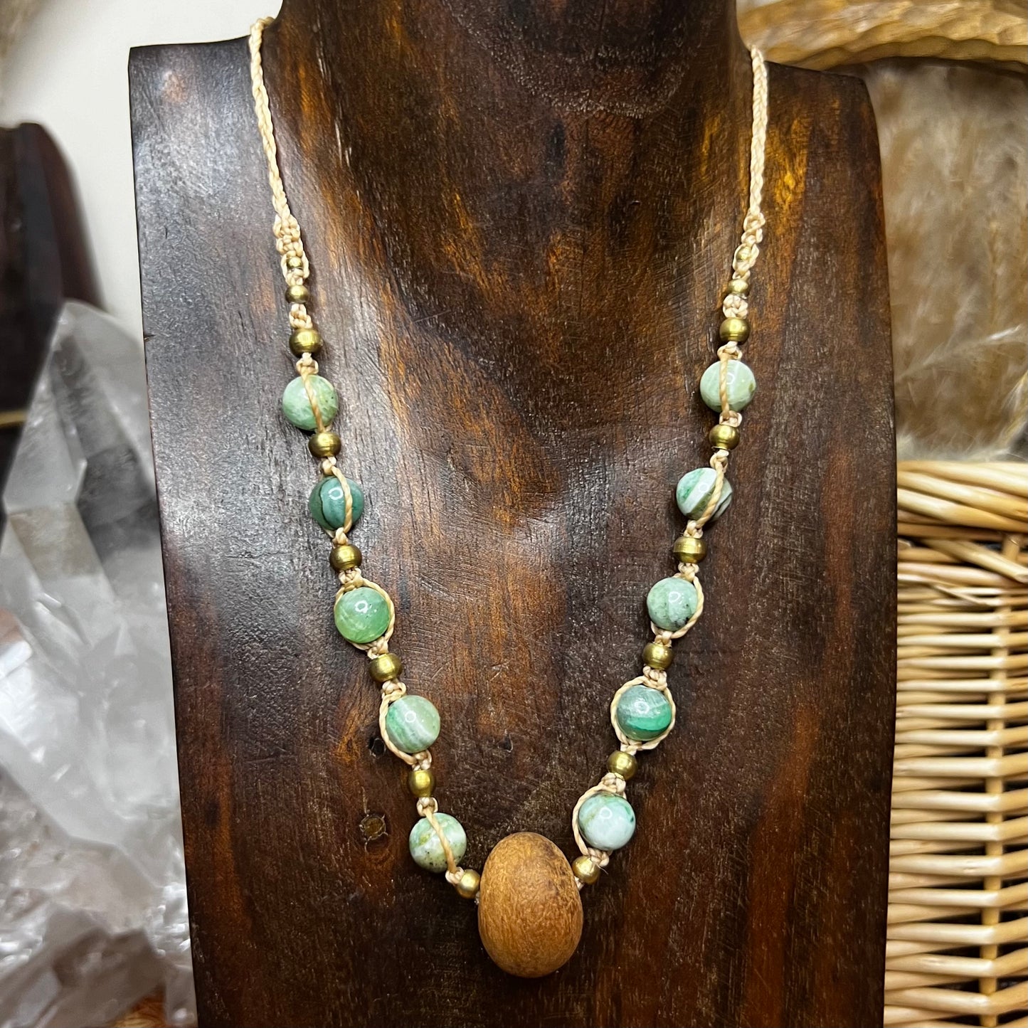 Agate Crystal Necklace with Natural Wood Pendant: Friendship | Positive Relationships