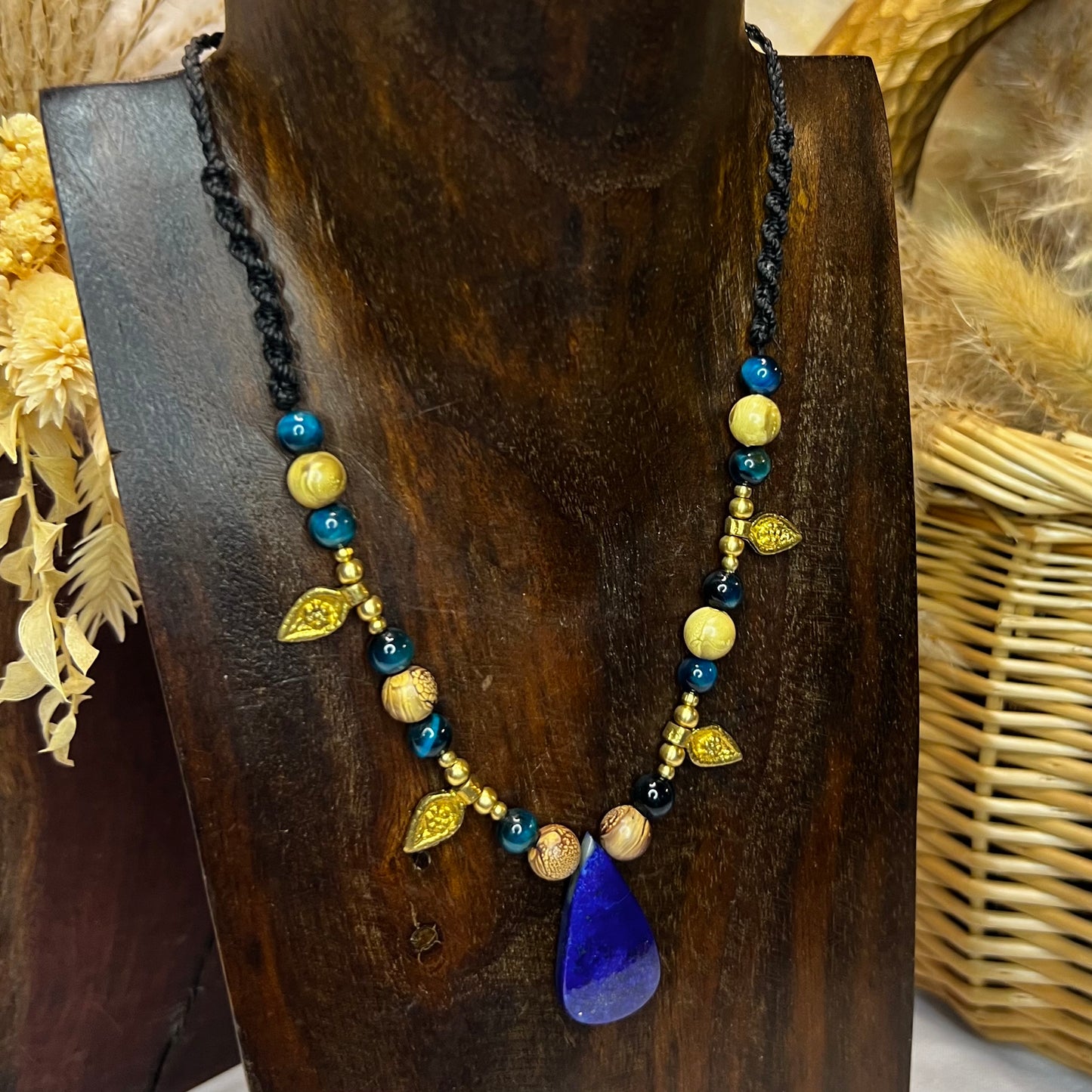 Lapis Lazuli, Tiger Eye, Brass & Wood Crystal Macrame Necklace