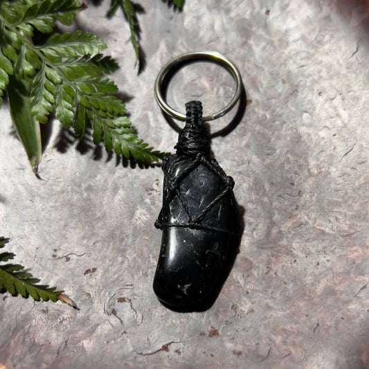 Black Tourmaline Crystal Macrame Keyring Charm | Energetic Protection ∙ Grounding ∙ Calming