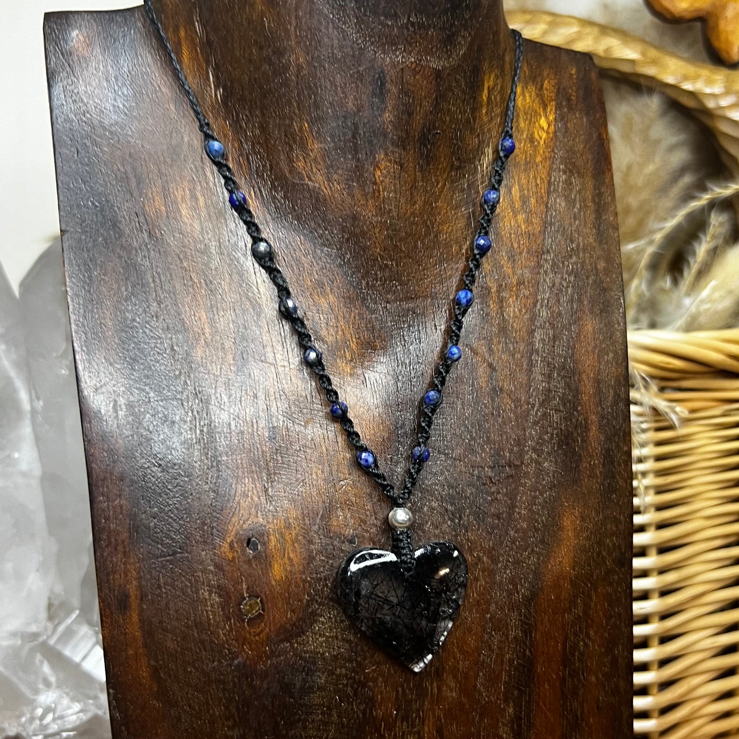 Tourmaline included Quartz Heart with Lapis Lazuli Crystal Macrame Necklace