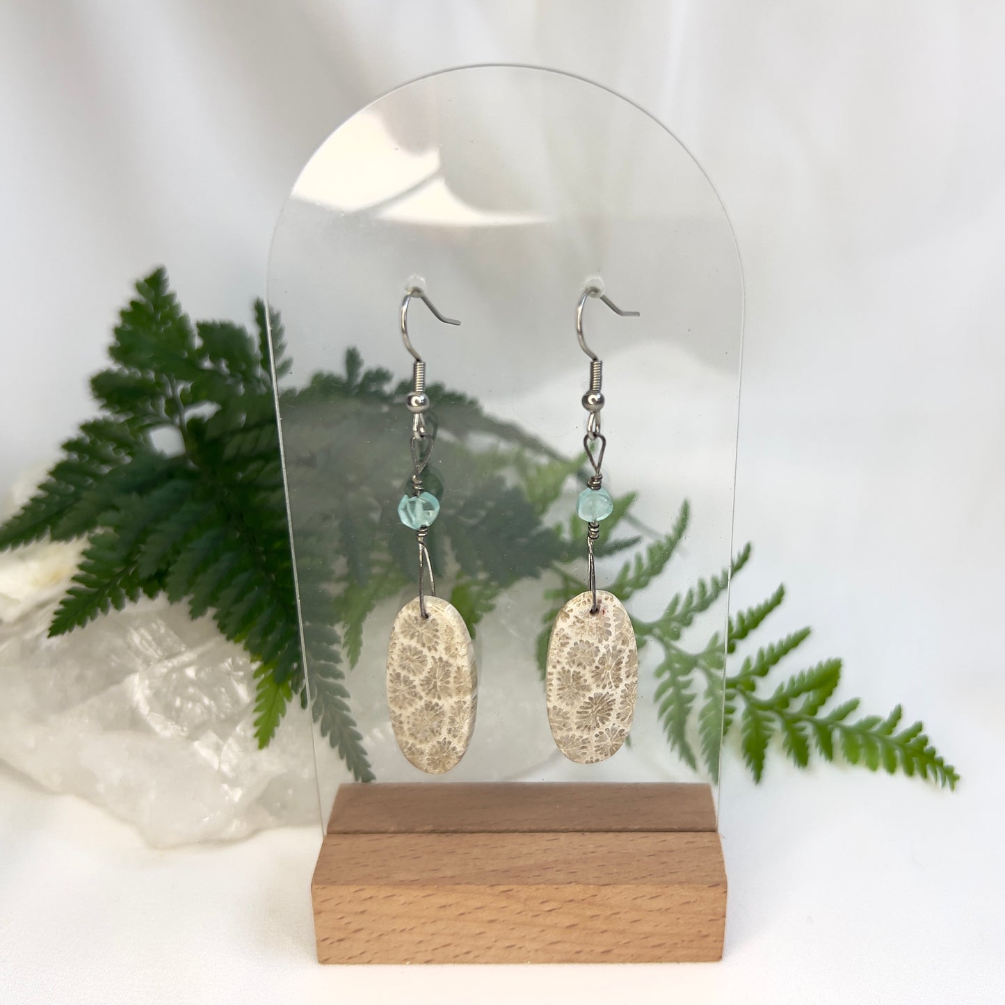 Fossilized Coral & Neon Apatite Earrings: Calm Protection ∙ Endurance ∙ Emotional Healing