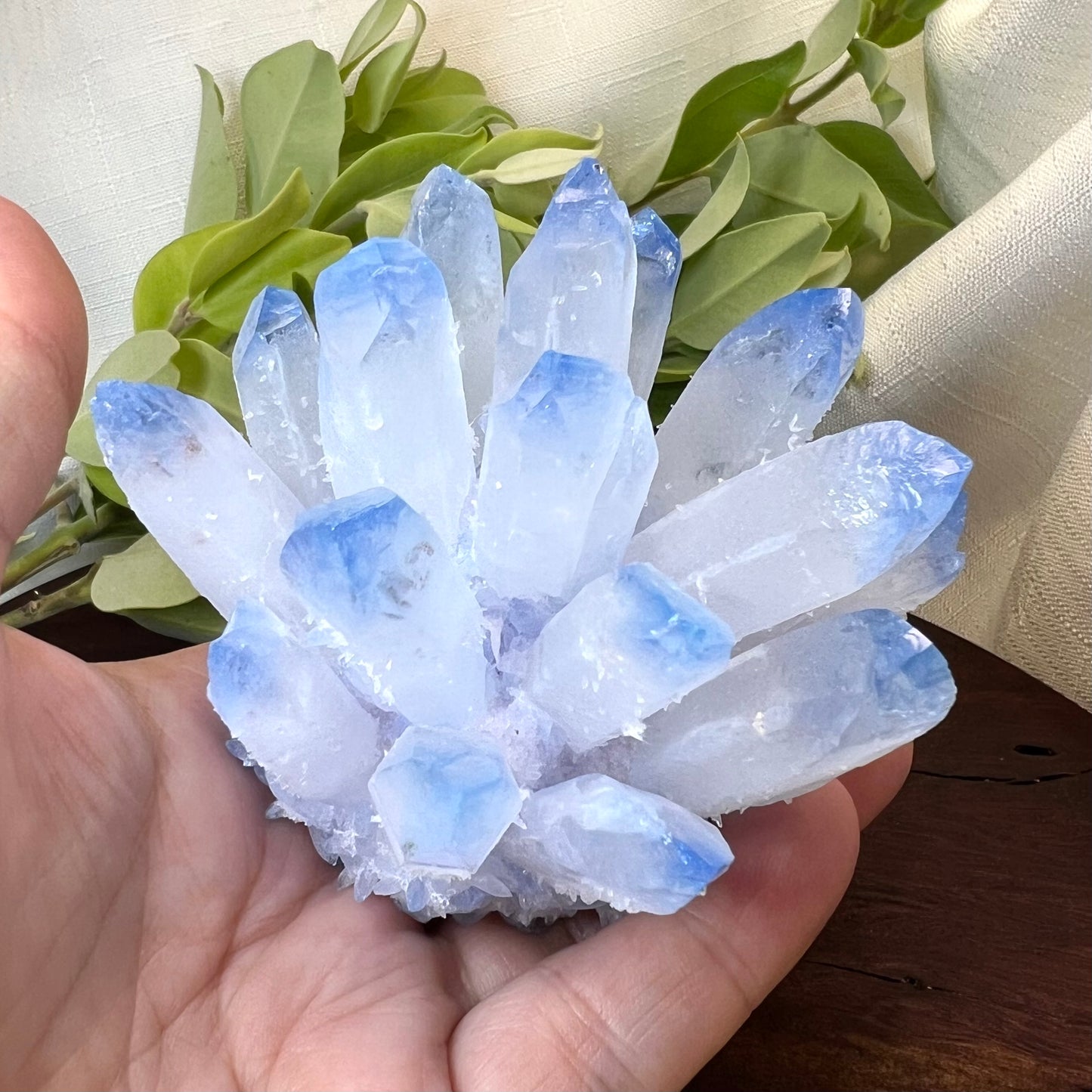 Blue tipped Clear Quartz Synthetic Crystal Cluster - Lab grown Dumortierite inclusion Quartz specimen