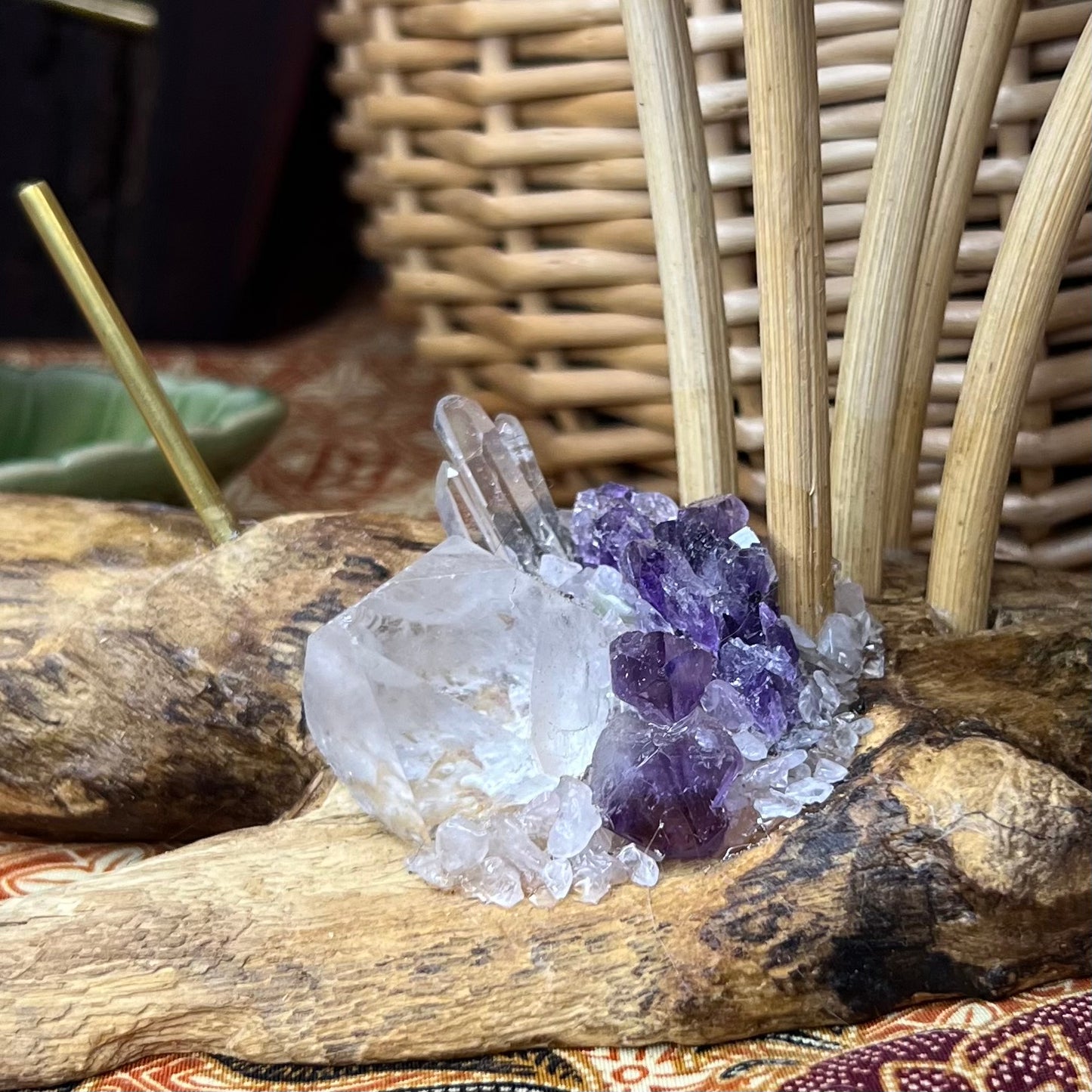 Bespoke Crystal & Wooden Burl Mushroom Incense Stick Holder - Amethyst | Quartz | Rose Quartz