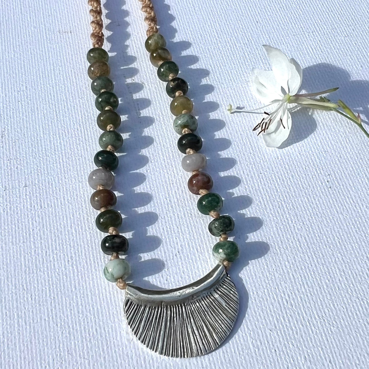 Moss Agate & Karen Hill Tribe Silver Pendant Macrame Necklace