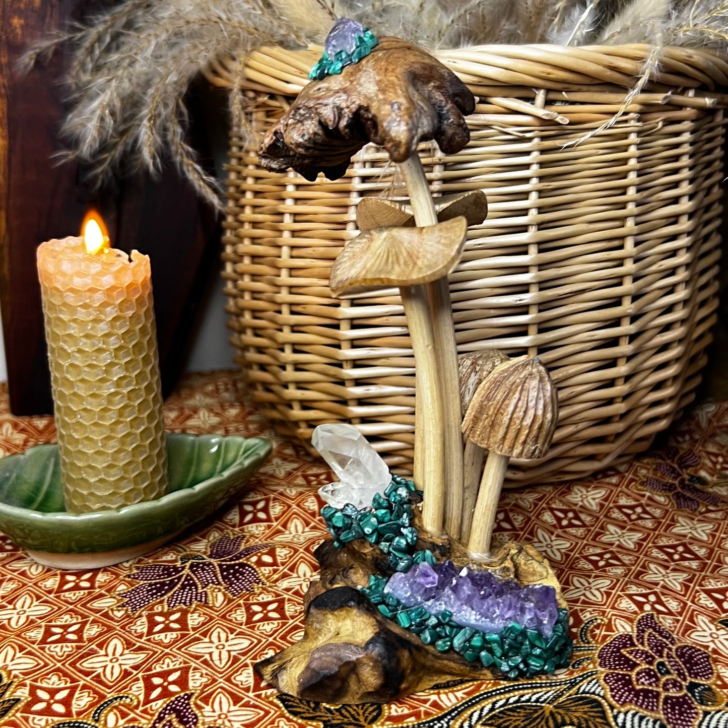 Bespoke Crystal & Wooden Burl Mushroom Display - Amethyst | Quartz | Malachite