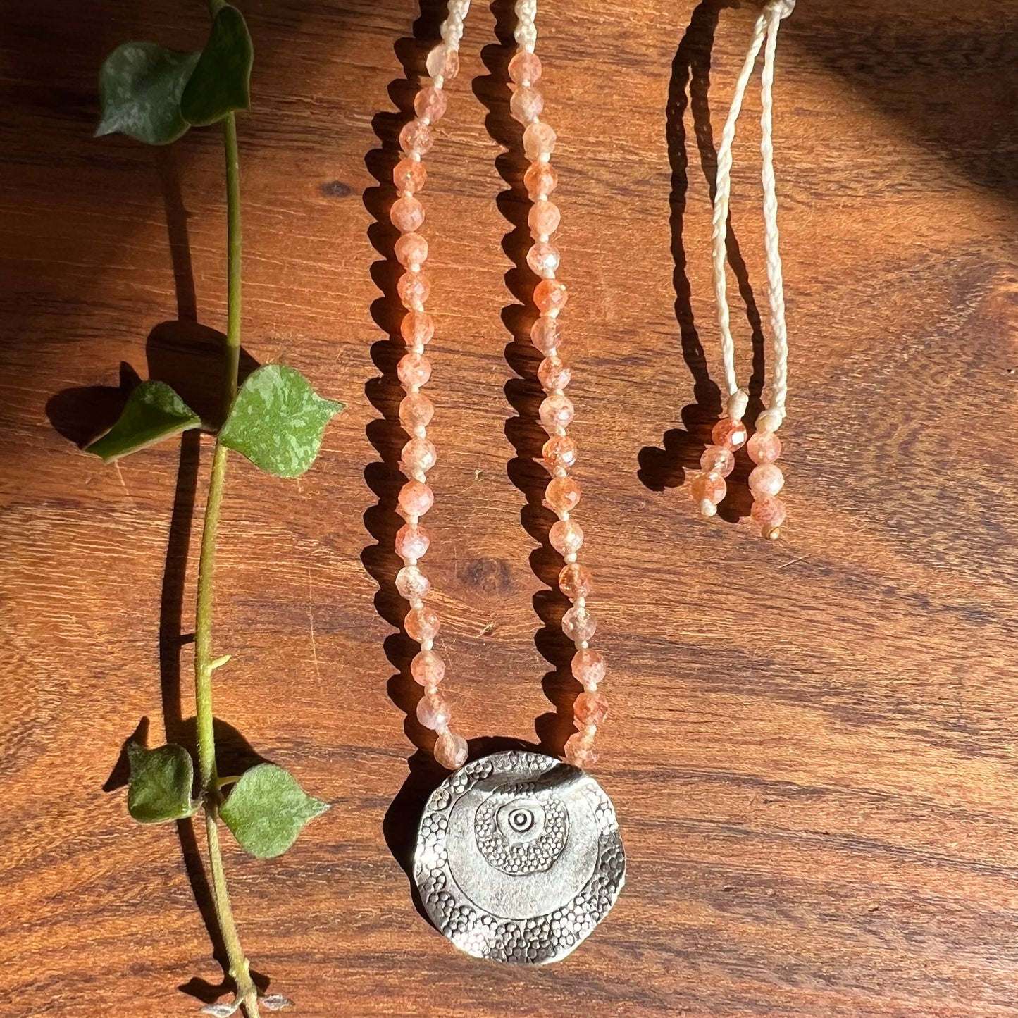 Faceted Sunstone beaded Macrame Necklace with Karen Hill Tribe Silver Tribal Pendant