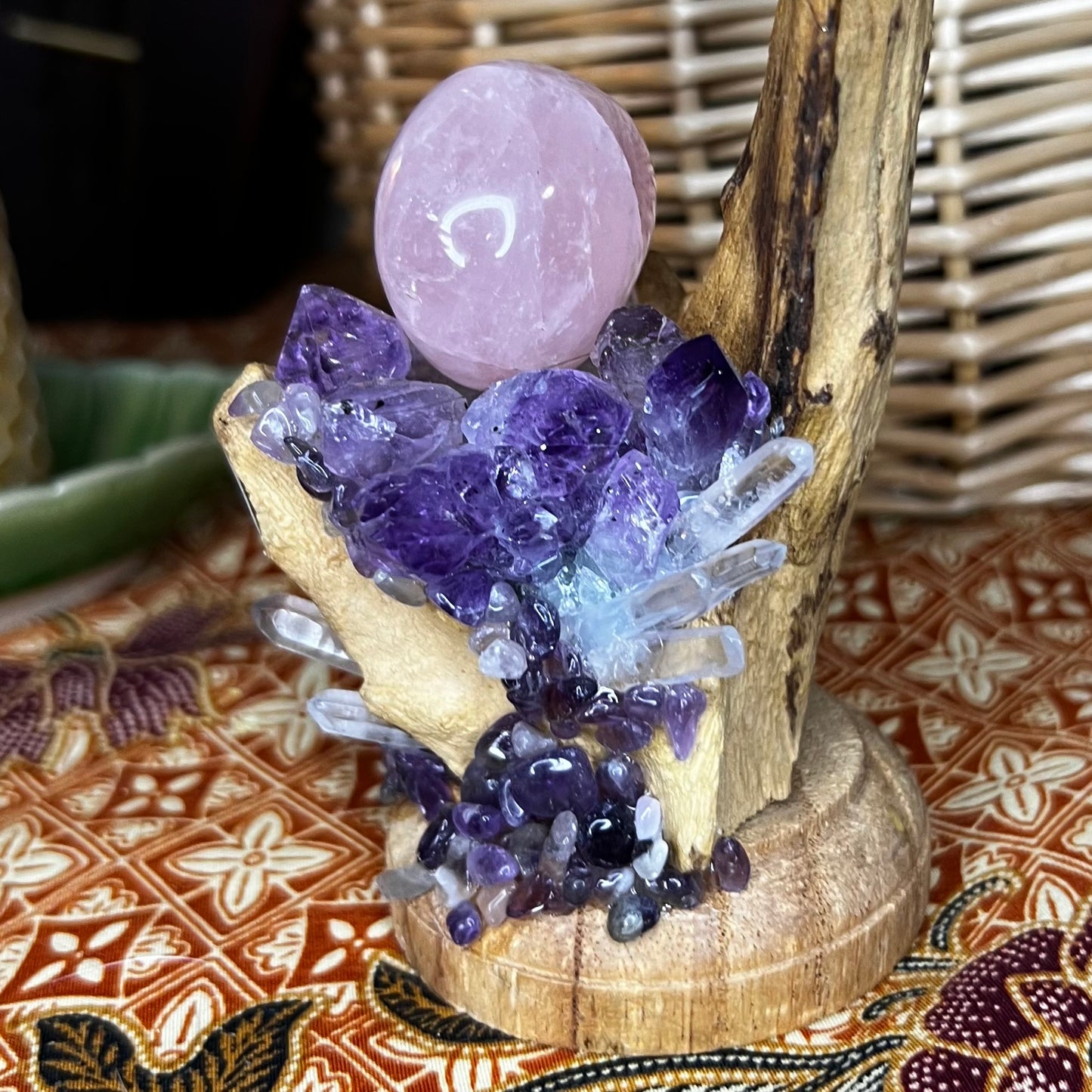 Bespoke Crystal & Natural Wood Golden Winged Dragonfly Display - Amethyst | Quartz | Rose Quartz