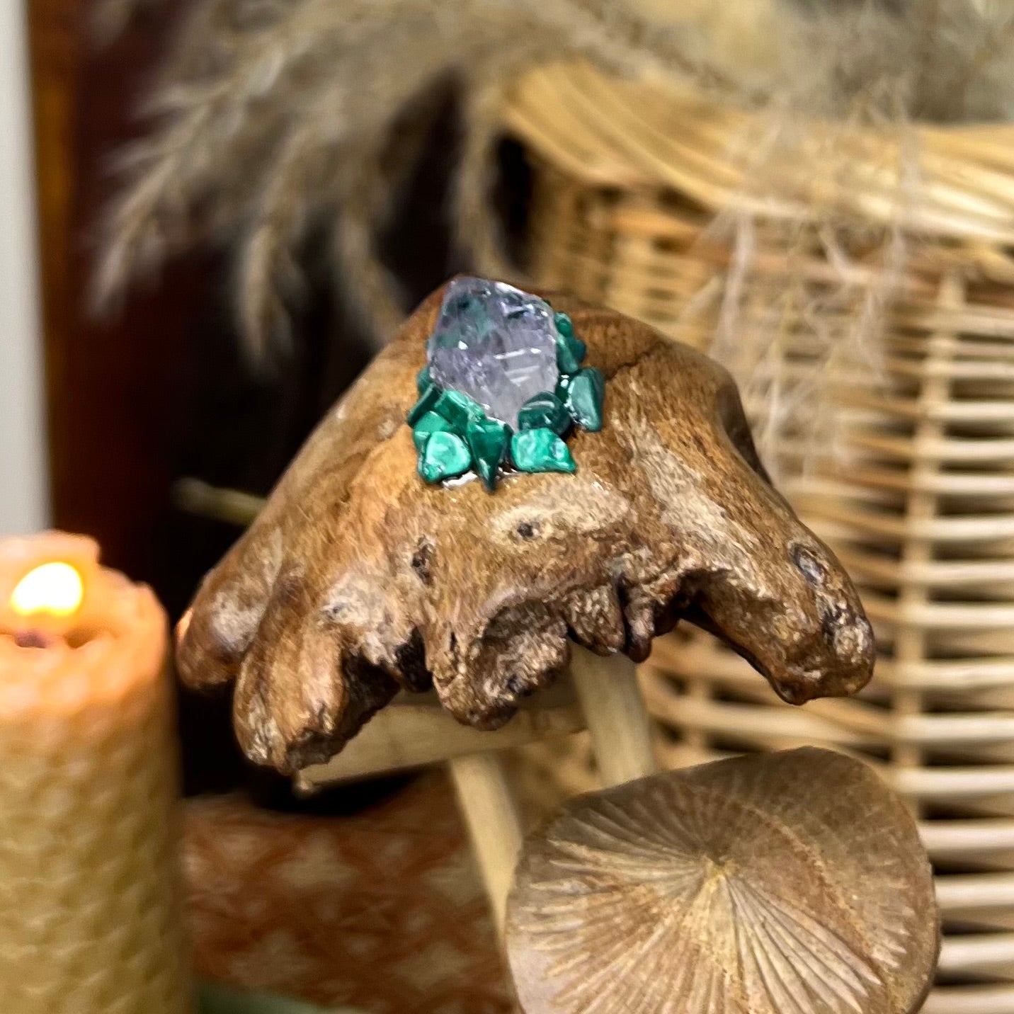 Bespoke Crystal & Wooden Burl Mushroom Display - Amethyst | Quartz | Malachite