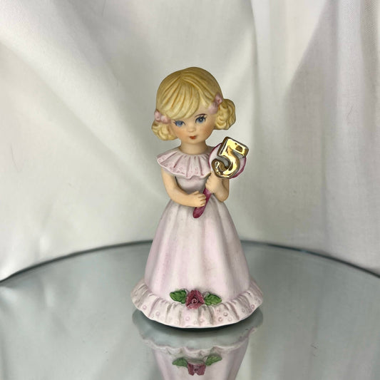 'Growing Up Birthday Girls' Porcelain Figurine | Vintage 5th Birthday Cake Topper | Blonde girl version | Enesco | 1984