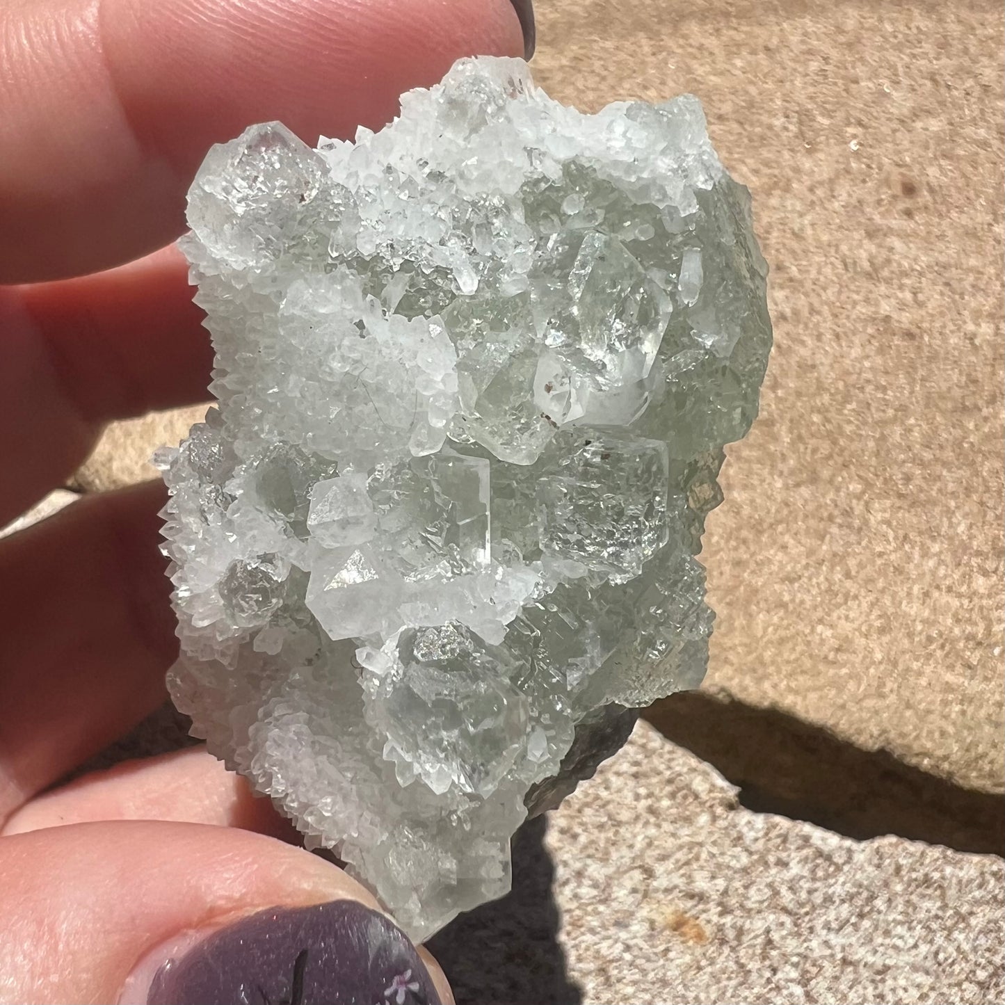 Green Octahedral Fluorite Specimen coated in Clear Quartz Druzy blanket - Fujian, China