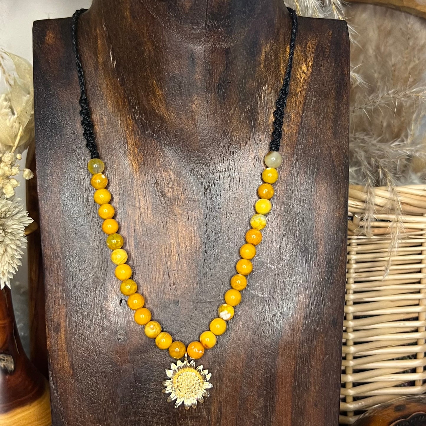 Gold Plated Sunflower Pendant with Agate Crystal Necklace