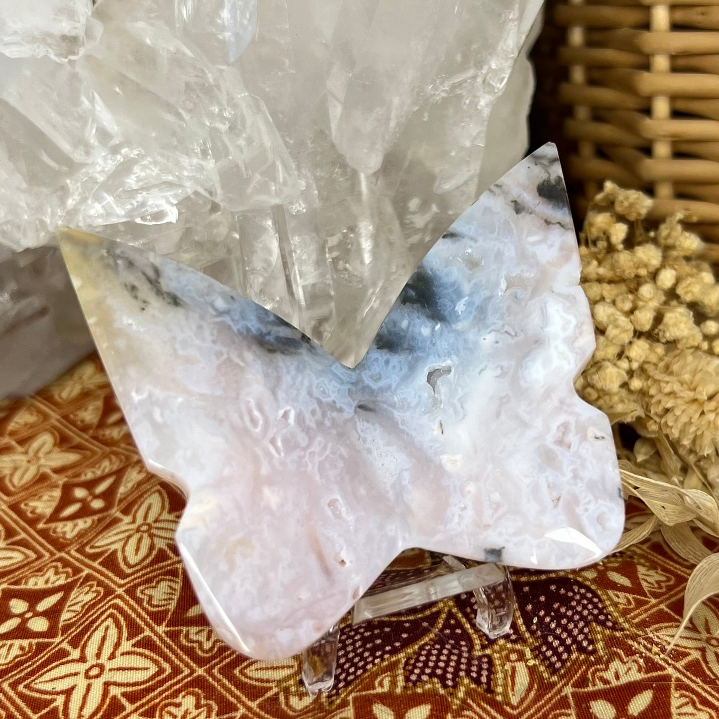 Plume Agate Druzy 3D Butterfly Carving