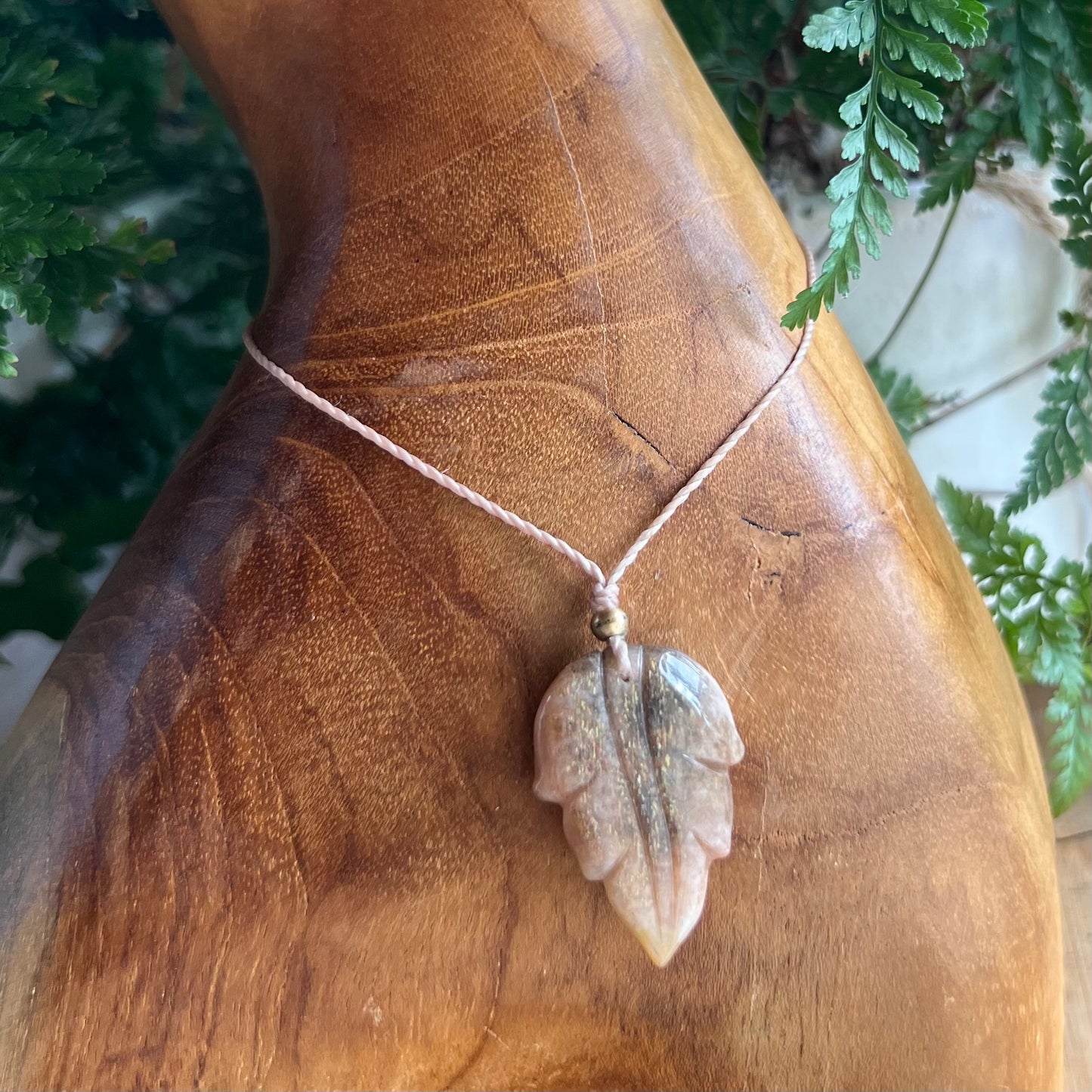 Carved Sunstone Leaf & Brass Petite Crystal Necklace