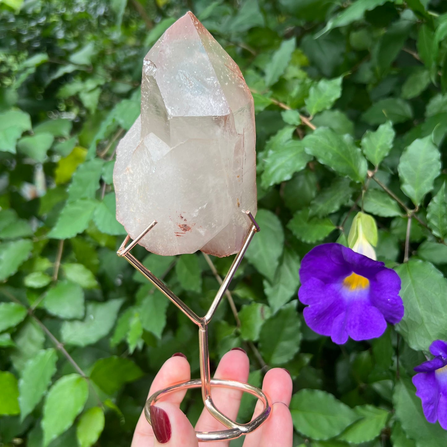Red Hematoid Quartz Point Specimen - A super chunky self-healed double-terminated point on rose gold stand