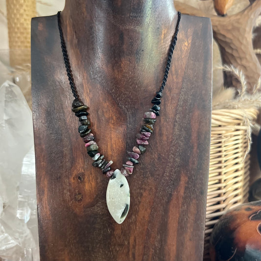 Verdelite in Quartz with Schorl & Rubellite Crystal Macrame Necklace