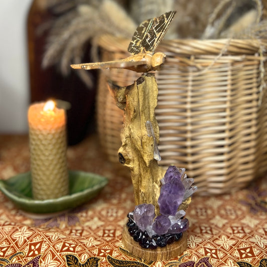 Bespoke Crystal & Natural Wooden Golden Winged Dragonfly Stick incense Holder - Amethyst | Quartz | Garnet