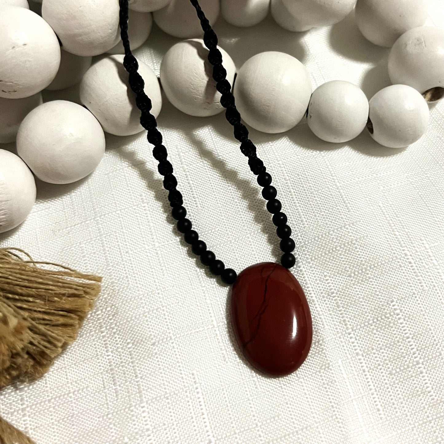 Red Jasper and Black Agate Crystal Macrame Necklace