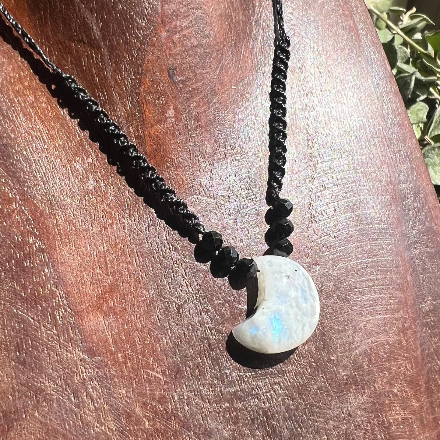 Moonstone Moon and Spinel Macrame Crystal Necklace