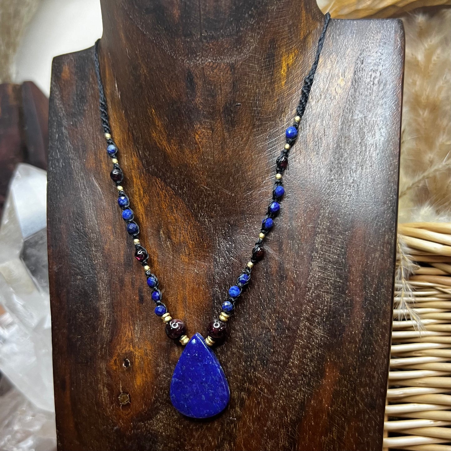 Lapis Lazuli, Garnet & Brass Crystal Macrame Necklace