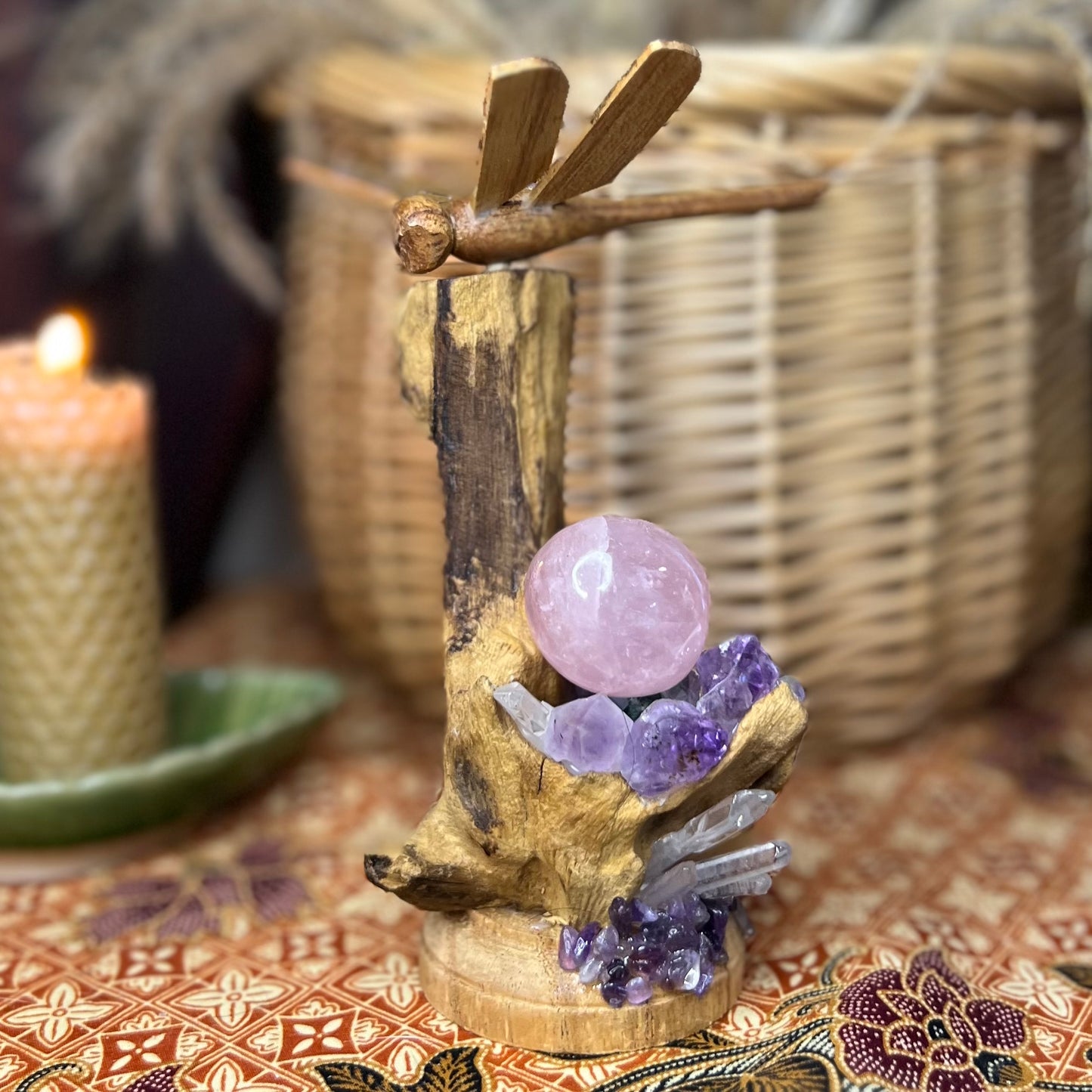 Bespoke Crystal & Natural Wood Golden Winged Dragonfly Display - Amethyst | Quartz | Rose Quartz