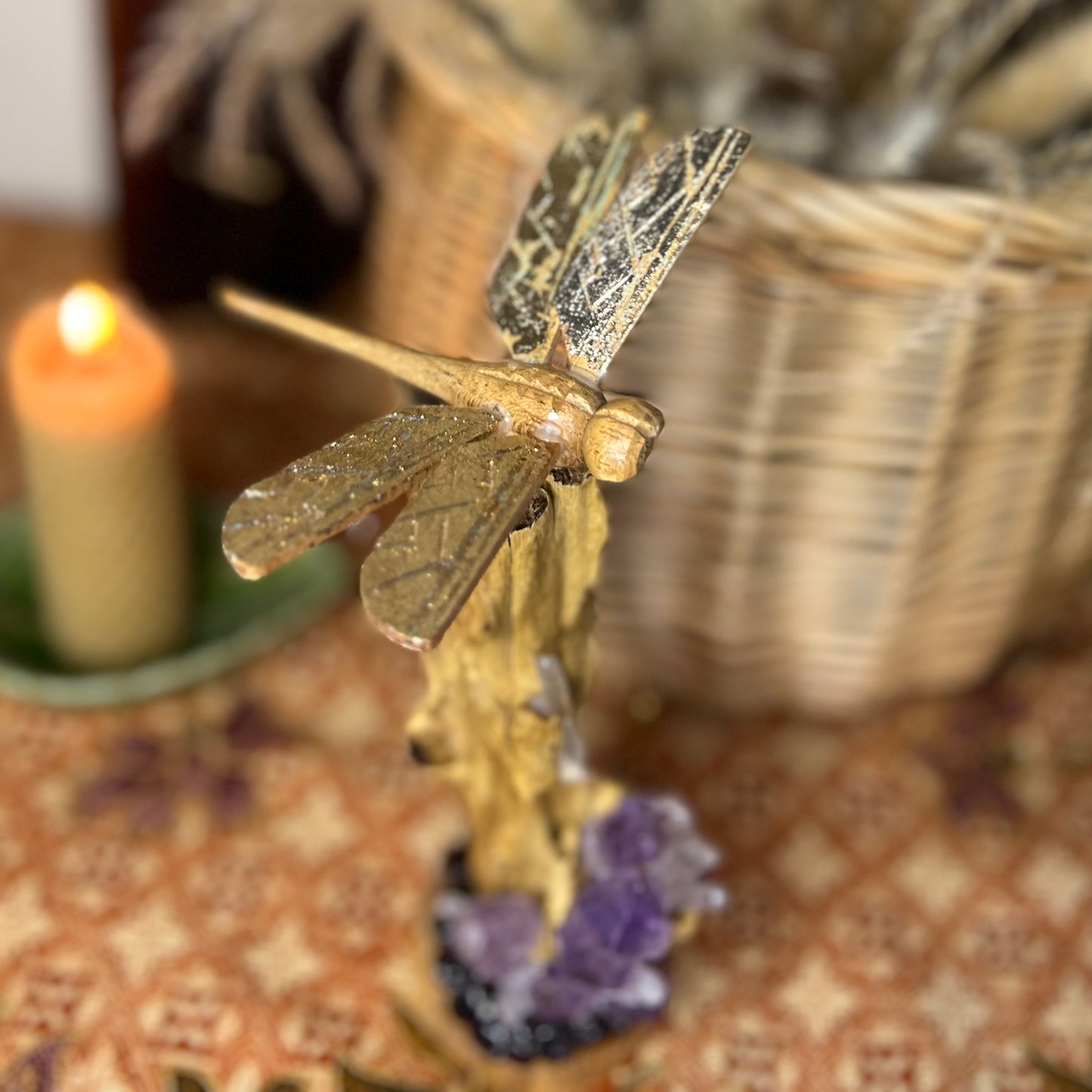 Bespoke Crystal & Natural Wooden Golden Winged Dragonfly Stick incense Holder - Amethyst | Quartz | Garnet