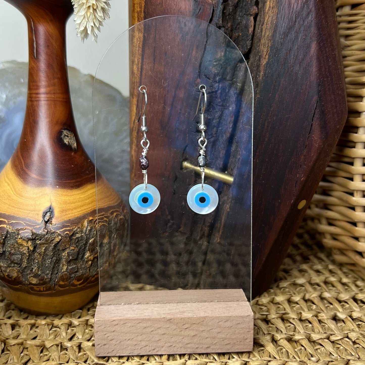Mother of Pearl Evil eye & Vintage Black Pearl Earrings: Protection ∙ Divine Feminine ∙ Intuition