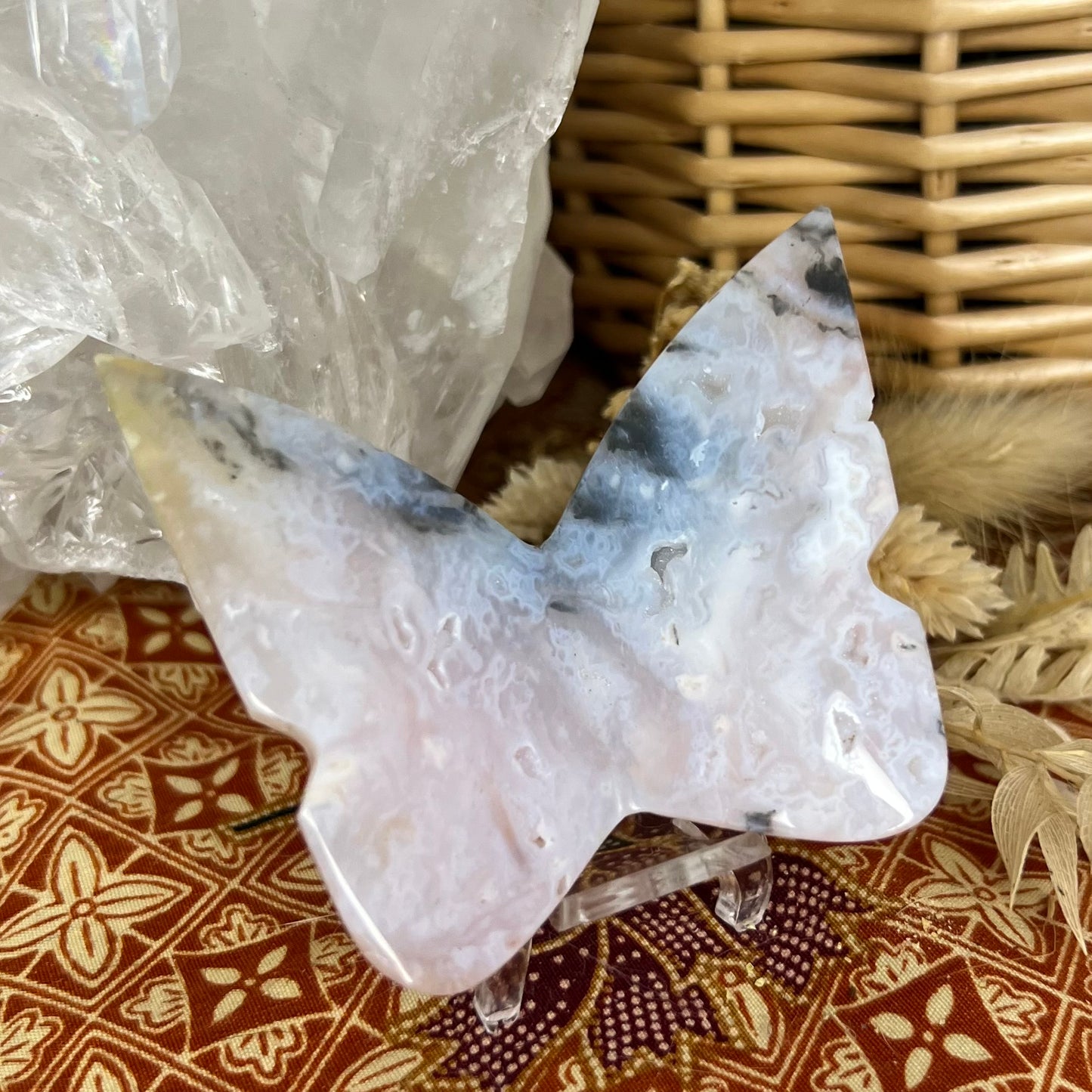 Plume Agate Druzy 3D Butterfly Carving