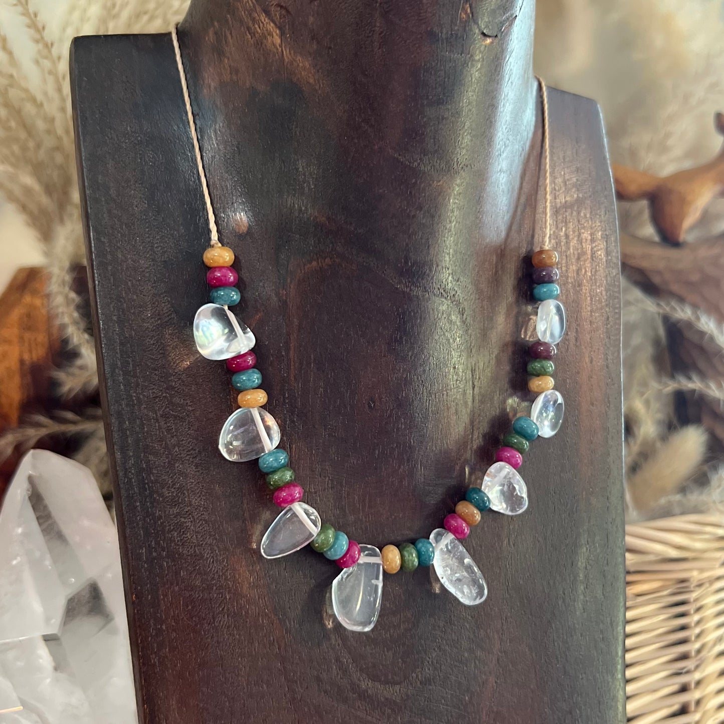 Dyed Agate, Clear Quartz & Brass Boho Crystal Macrame Necklace