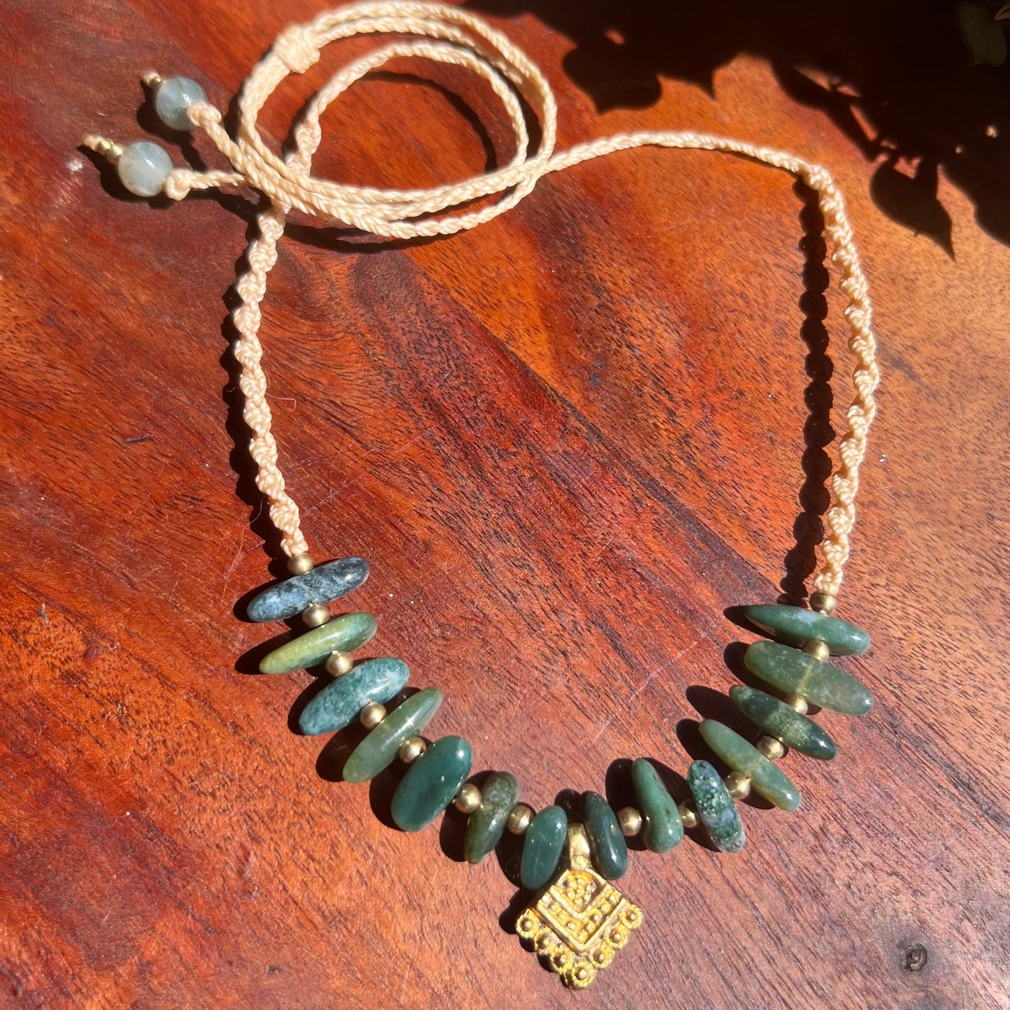 Moss Agate & Brass Boho Crystal Macrame Necklace