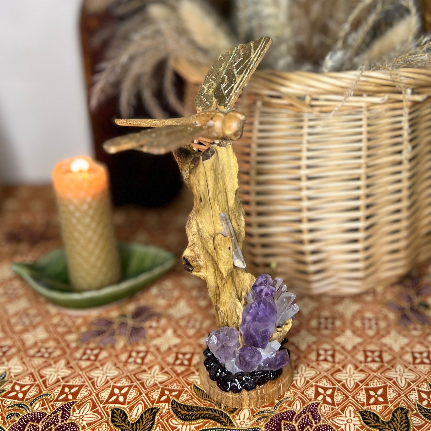 Bespoke Crystal & Natural Wooden Golden Winged Dragonfly Stick incense Holder - Amethyst | Quartz | Garnet