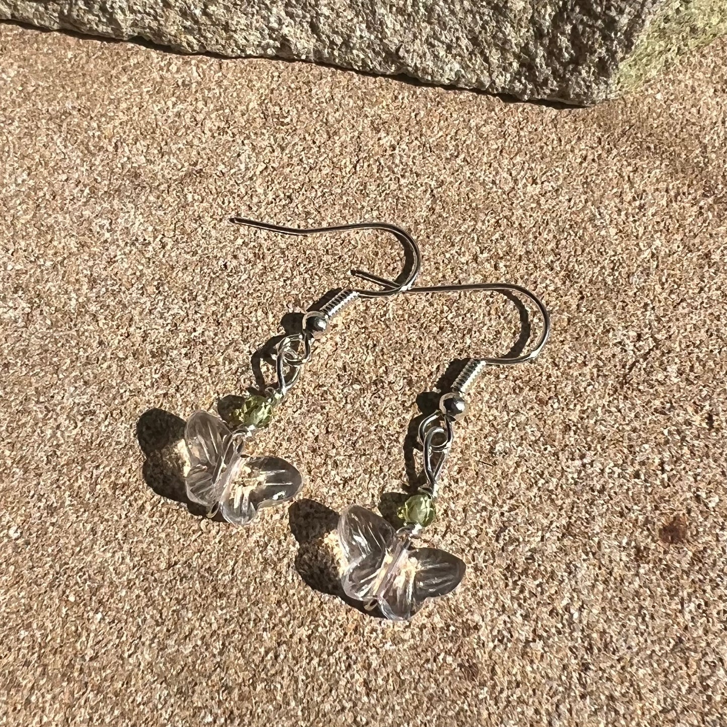 Clear Quartz Butterfly and Peridot Earrings